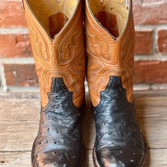Rod Patrick Men's Handmade Ostrich Black Brown Leather Western Boots Sz 8D - Picture 2 of 10